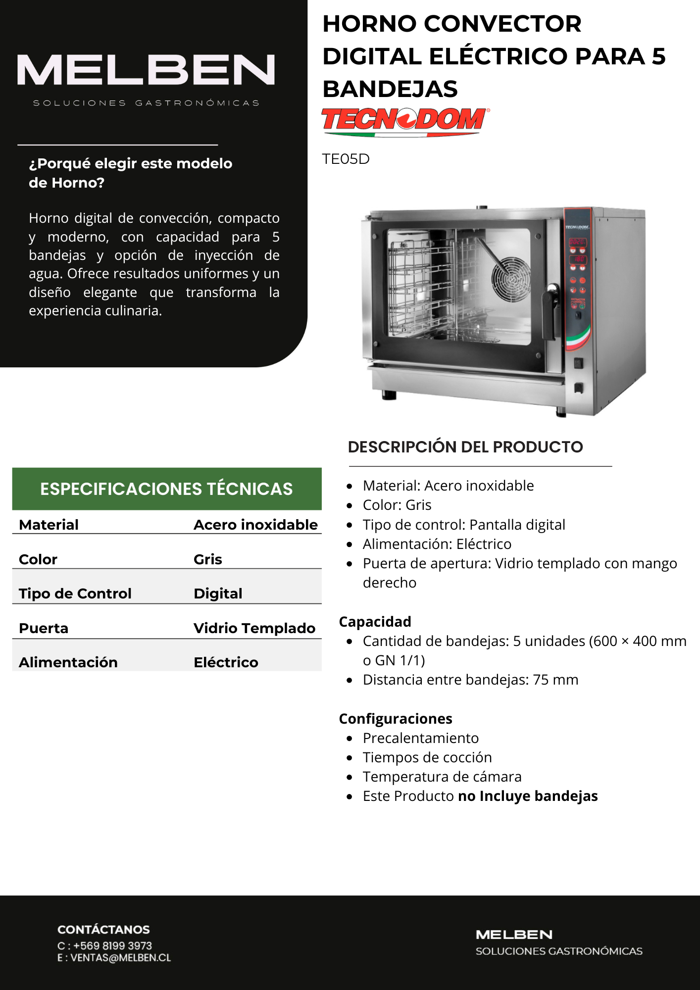HORNO CONVECTOR DIGITAL ELÉCTRICO PARA 5 BANDEJAS 60x40 GN1/1 FT-TE05D - Imagen 4